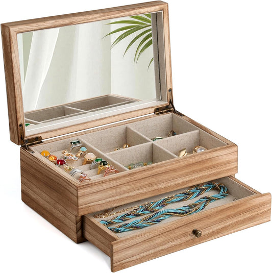 Jewelry Box Organizer for Women, 2 Layer Large Jewelry Storage Case, Rustic Wooden Jewelry Box with Mirror & Ring Tray for Necklace Earring Bracelets Rings, Vintage Style (Torched Wood)