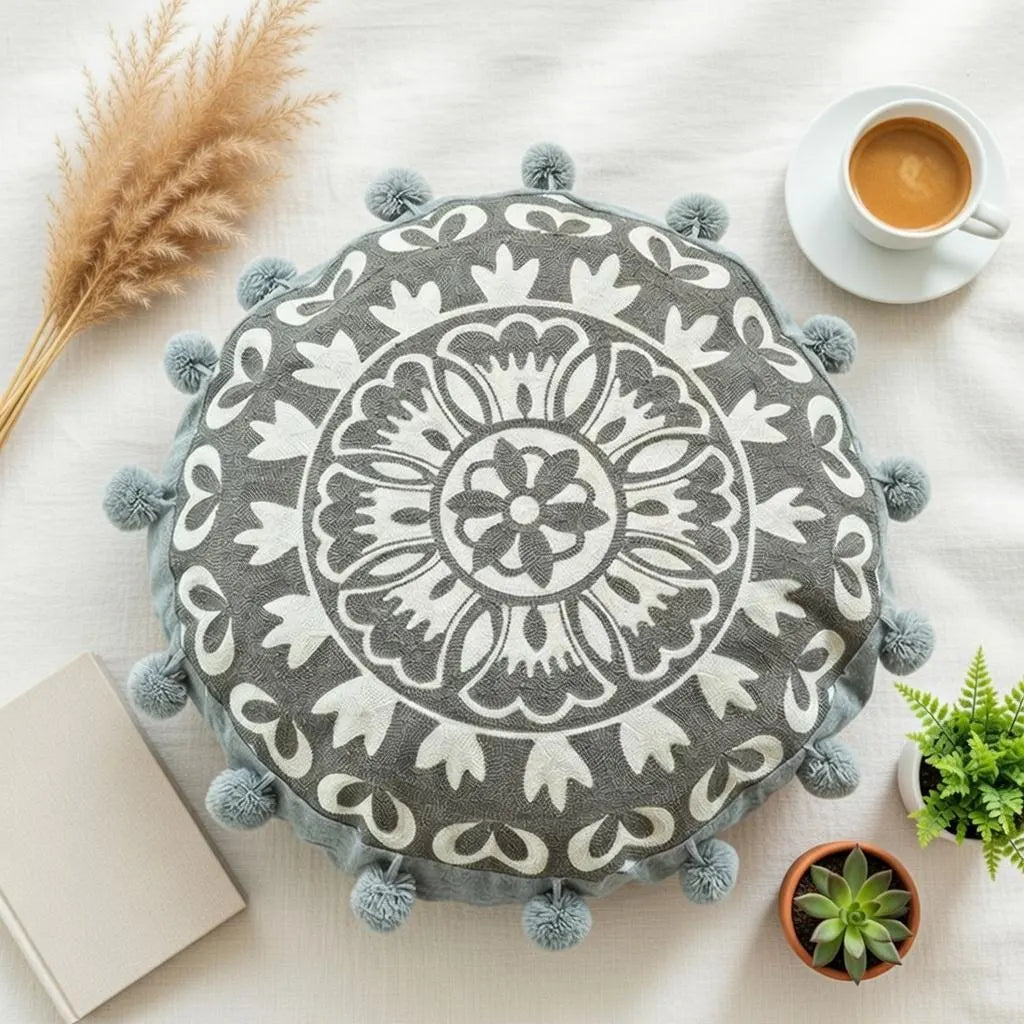 Round Mandala Pillow Cover 18" Embroidered Cotton Cushion Boho Ethnic Decor