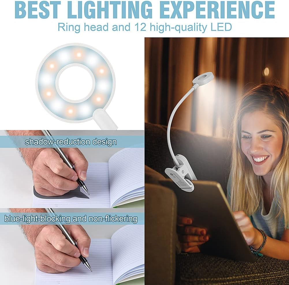 Stepless Dimming Book Light,12 LED Reading Lights for Books in Bed,3 Color Temperature,Rechargeable Clip-On Light with Magnetic Function.Perfect for Bookworms,Kids