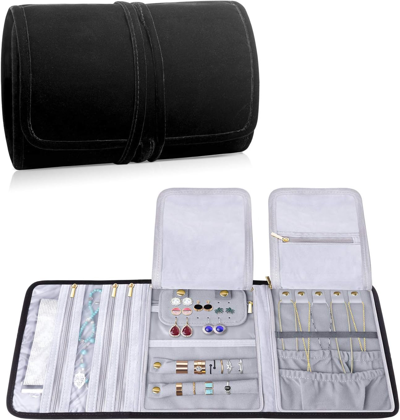 Velvet Travel Jewelry Roll, Jewelry Storage Bag Organizer for Necklaces, Earrings, Bracelets, Rings, Brooches and More, Compact and Easy to Carry (Large, Velvet- Black)
