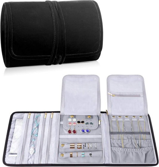 Velvet Travel Jewelry Roll, Jewelry Storage Bag Organizer for Necklaces, Earrings, Bracelets, Rings, Brooches and More, Compact and Easy to Carry (Large, Velvet- Black)