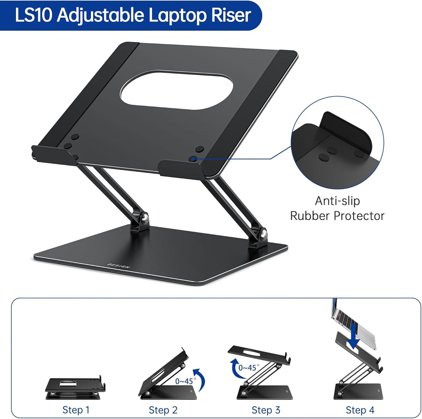 LS10 Laptop Stand for Desk, Ergonomic Adjustable Notebook Tablet Stand, Foldable Laptop Riser, Portable Desktop Book Stands, Computer Holder Compatible with 10-14" Laptops, Black