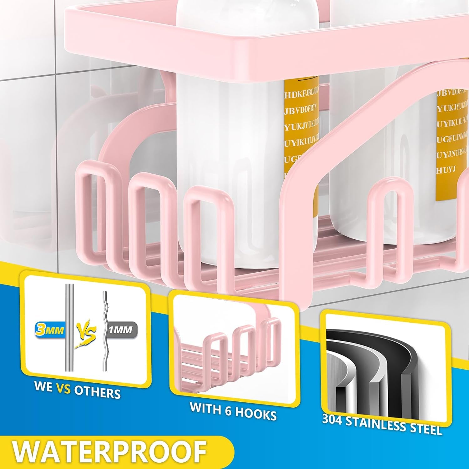 Shower Caddy - 5-Pack Adhesive Shower Organizer, Large Capacity Rustproof Stainless Steel Bathroom Organizer, Pink