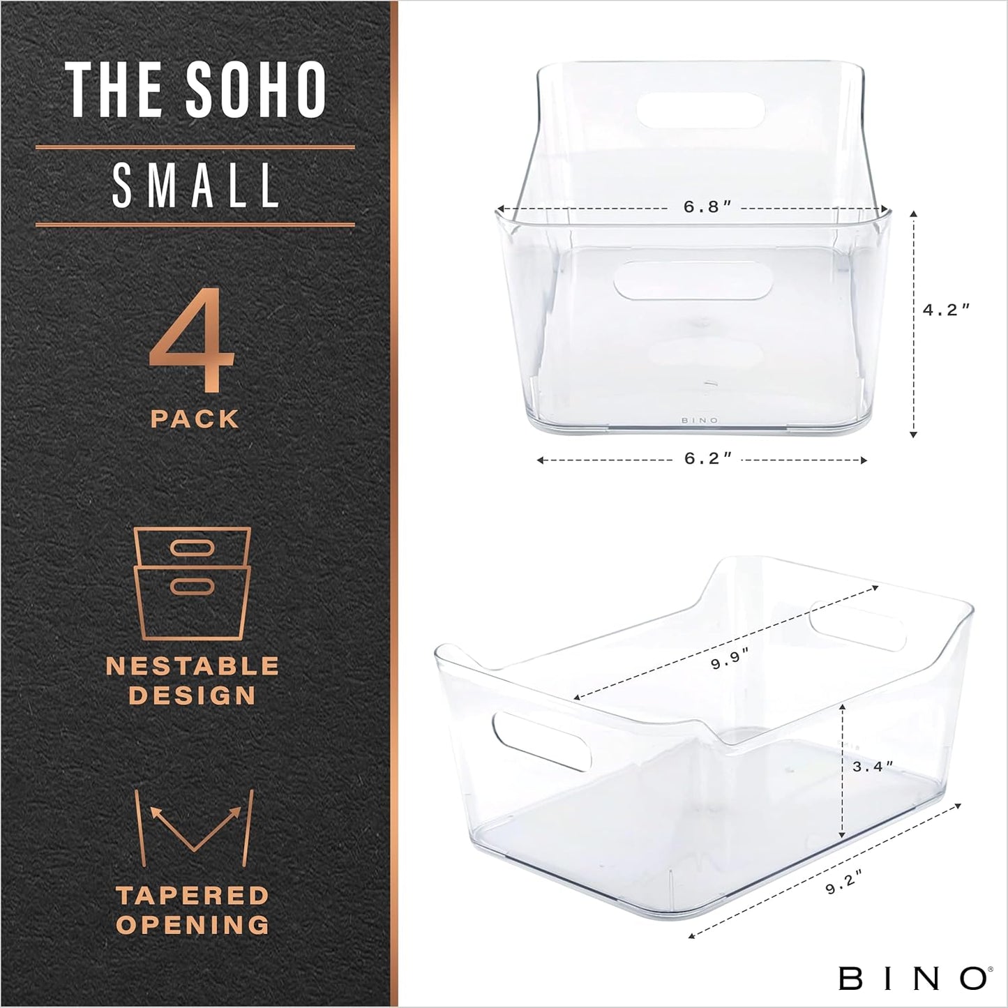 | Plastic Organizer Bins, Small - 4 Pack | the SOHO Collection | Multi-Use Plastic Bin | Pantry & Freezer Organizer Bin | Storage Containers | Bins for Home & Kitchen Org